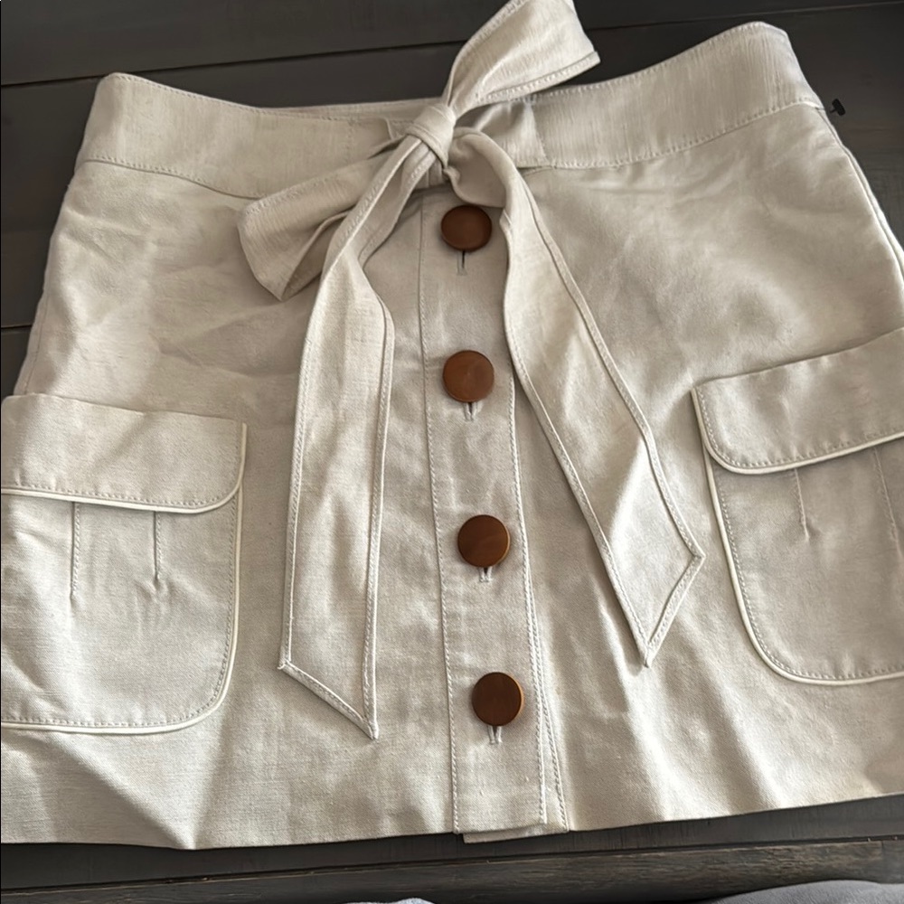 Cream Button-Front Skirt with Bow Detail